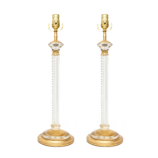 Pair of Glass Candlestick Lamps with Cut Ball Detail and Custom Gilt Bases