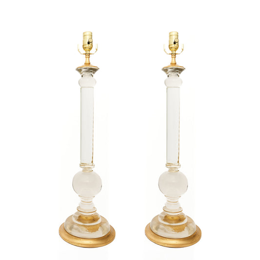 Pair of Large Ball Glass Candlestick Lamps with Gilt Bases