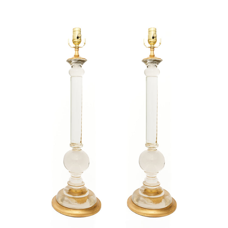 Pair of Large Ball Glass Candlestick Lamps with Gilt Bases