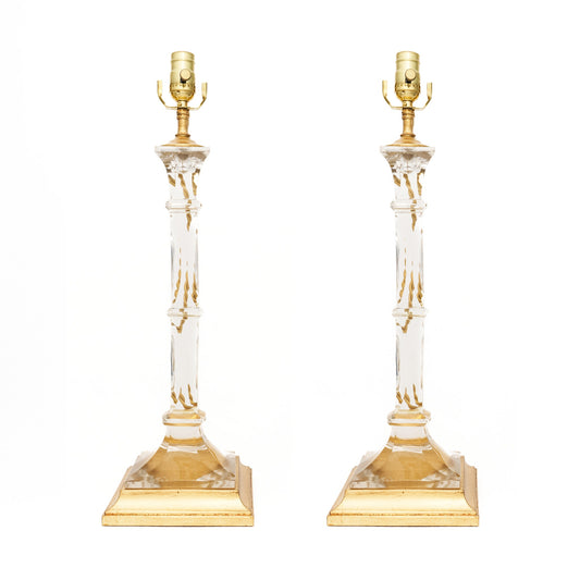 Pair of Square Column Glass Candlesticks Lamp with Gilt Bases