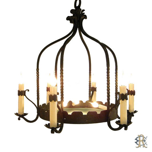 Six-Light Wrought Iron Chandelier with Lighted Glass Bottom; Original Wooden Candle Sleeves with Refreshed Paint - Edgar Reeves Lighting