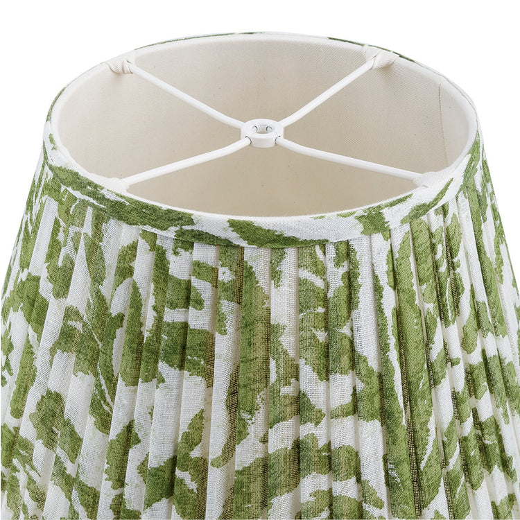 The US fitter of a Green and white patterned lampshade on a white background