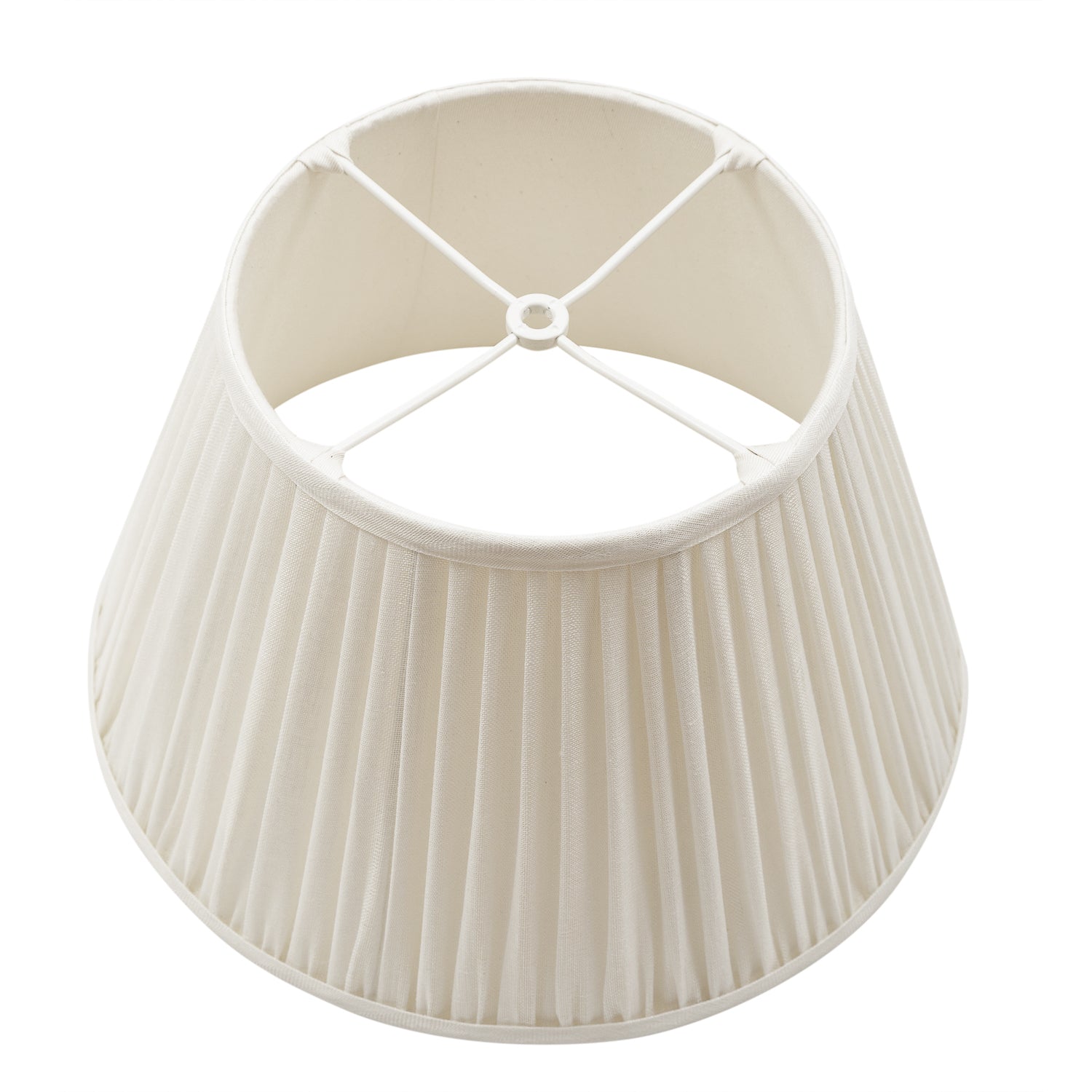 The US fitter of a beige pleated lampshade on a white background