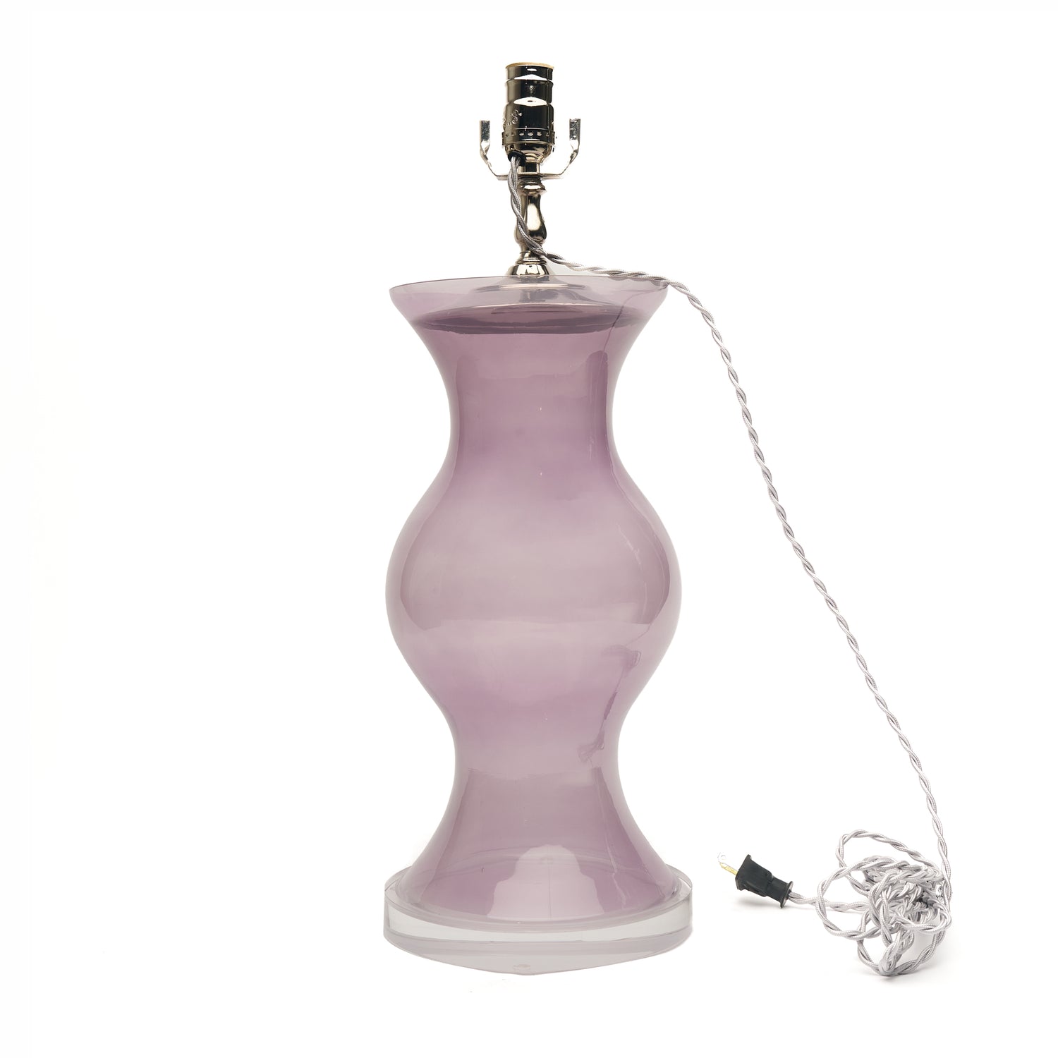 A table lamp with purple glass, a silver metal socket, and a coiled silver wire cord on a plain white background.