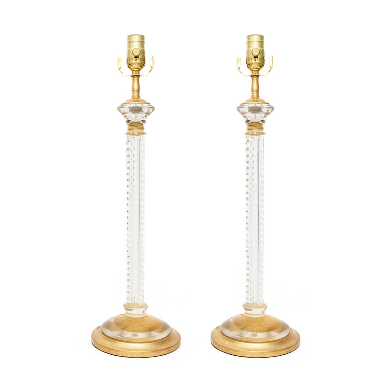 Pair of Glass Candlestick Lamps with Cut Ball Detail and Custom Gilt Bases