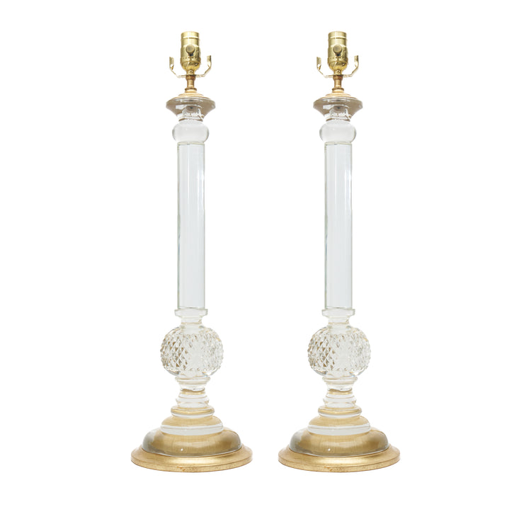 Pair of Detailed Large Ball Glass Candlestick Lamps with Gilt Bases