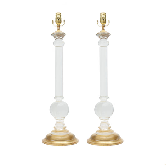 Pair of Smooth Large Ball Glass Candlestick Lamps with Gilt Bases