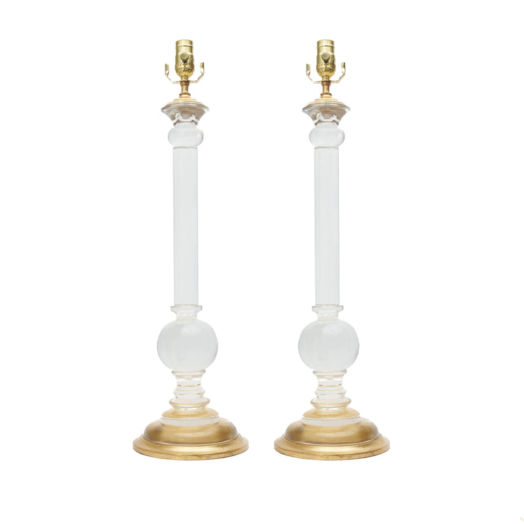 Pair of Smooth Large Ball Glass Candlestick Lamps with Gilt Bases