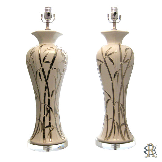 Pair of Mid Century Porcelain Lamps with Mirrored Bamboo Motif - Edgar Reeves Lighting
