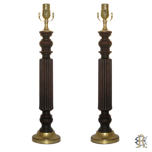 Pair Stained Oak Fluted Table Lamps - Edgar Reeves Lighting