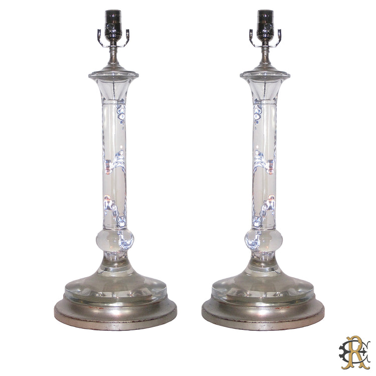 Pair of Elegant Glass Candlestick Lamps with Silver Gilt Bases - Edgar Reeves Lighting