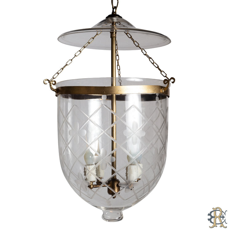 Large Bell Jar with Clover Etching, Antique Brass Finish - Edgar Reeves Lighting