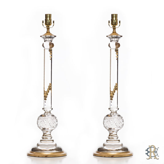 Pair of Tall Glass Candlesticks with Faceted Ball and Gilt Bases adapted as Lamps - Edgar Reeves Lighting